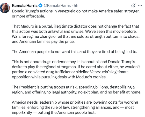 کامالا هریس: آمریکا به دنبال نفت ونزوئلاست / مواد مخدر، بهانه ترامپ است!