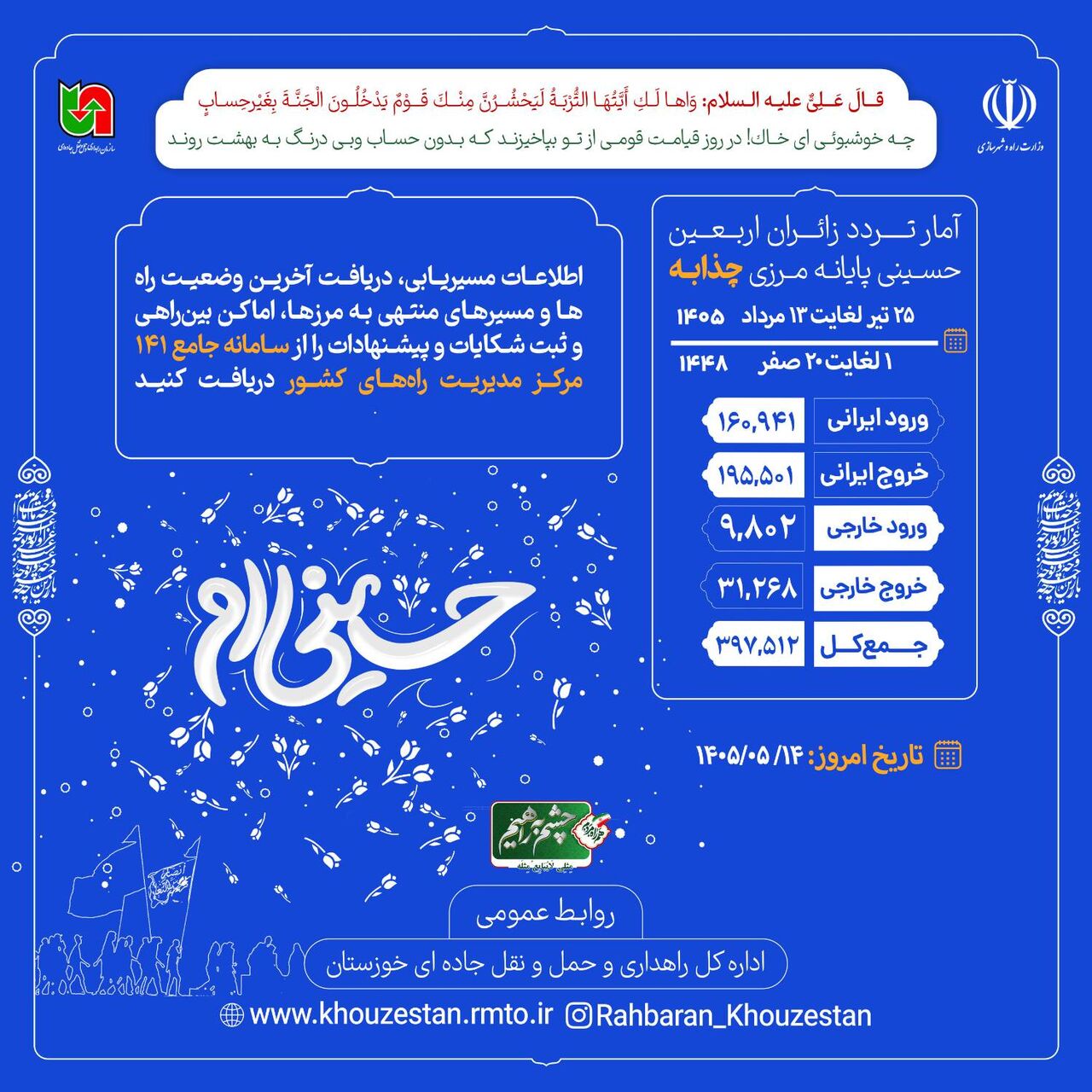 اطلاع‌نگاشت| تردد مسافر از پایانه‌ مرزی چذابه ۲۵ تیر تا ۱۳ مرداد ۱۴۰۵ | ۱ تا ۲۰ صفر ۱۴۴۸