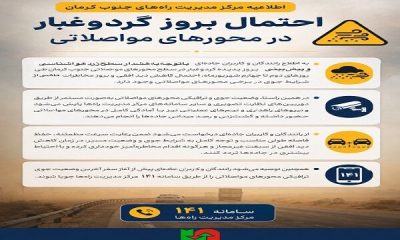 هشدار احتمال گردوغبار در محور های مواصلاتی جنوب کرمان
